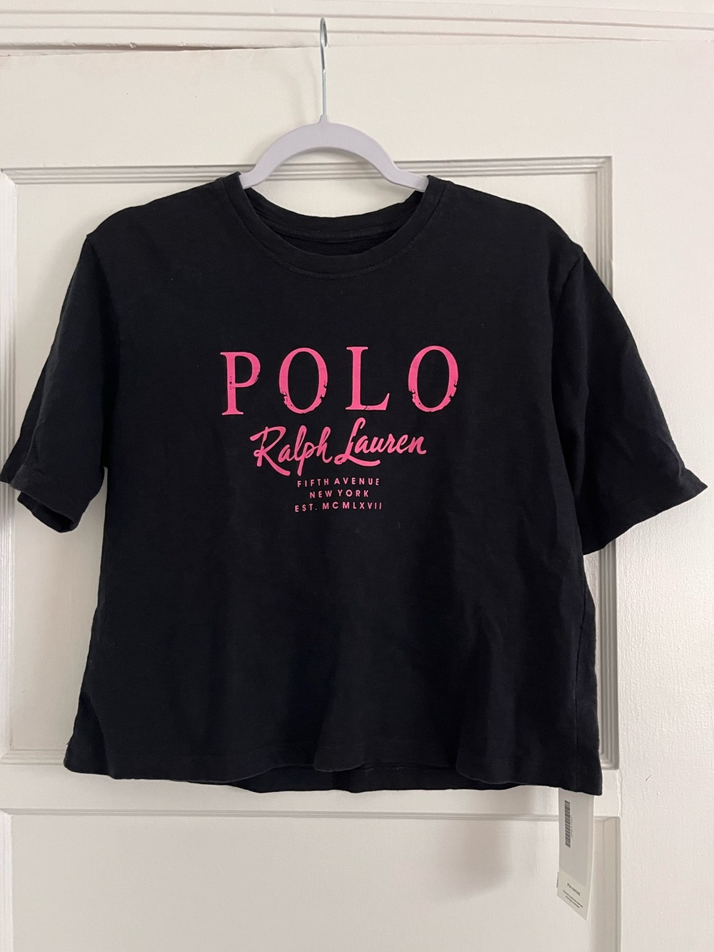 Polo by Ralph Lauren Black Tee with Hot Pink Logo - Cropped